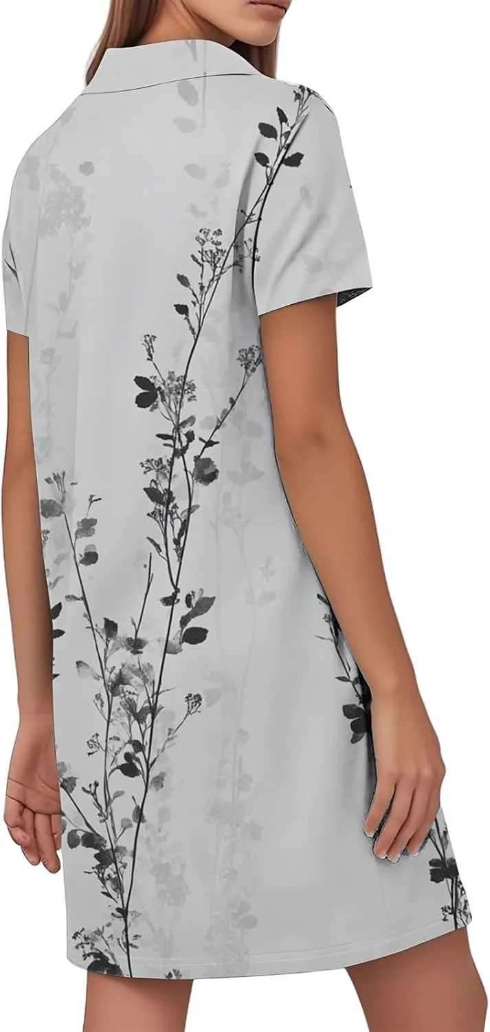 Summer Dresses for Women Casual Short Sleeve Lapel V-Neck Tshirt Dress Chic Collared Boho Floral Beach Sundress