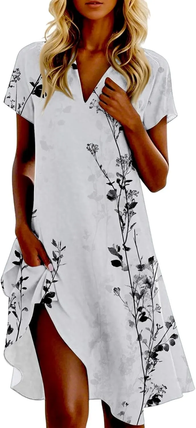 Summer Dresses for Women Casual Short Sleeve Lapel V-Neck Tshirt Dress Chic Collared Boho Floral Beach Sundress