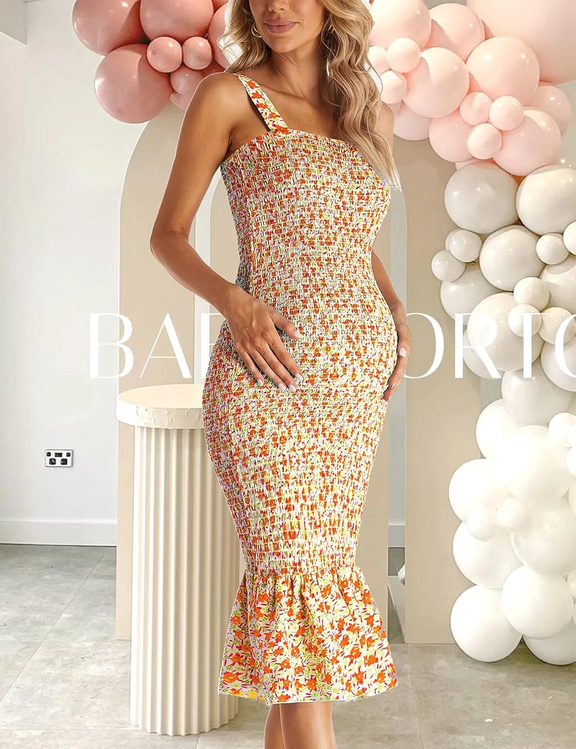 Summer Tank Maternity Dress Sleeveless Strappy Floral Midi Bodycon Square Neck Ruffle Mermaid Smocked Dress for Baby Shower