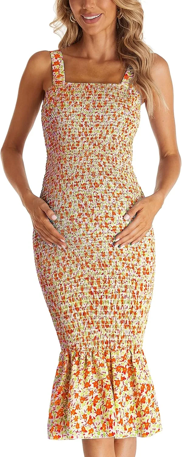 Summer Tank Maternity Dress Sleeveless Strappy Floral Midi Bodycon Square Neck Ruffle Mermaid Smocked Dress for Baby Shower