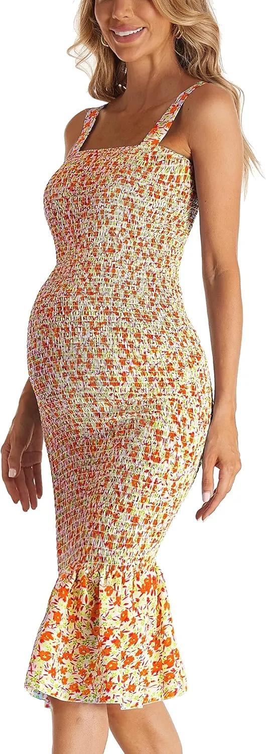 Summer Tank Maternity Dress Sleeveless Strappy Floral Midi Bodycon Square Neck Ruffle Mermaid Smocked Dress for Baby Shower