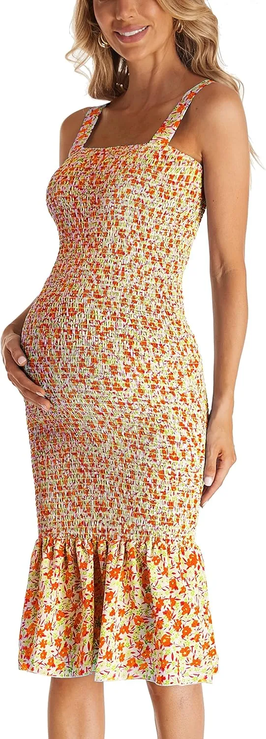 Summer Tank Maternity Dress Sleeveless Strappy Floral Midi Bodycon Square Neck Ruffle Mermaid Smocked Dress for Baby Shower