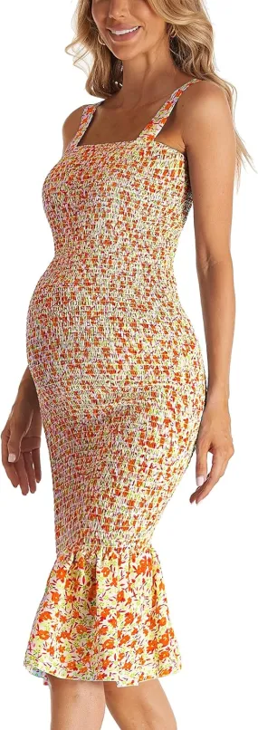 Summer Tank Maternity Dress Sleeveless Strappy Floral Midi Bodycon Square Neck Ruffle Mermaid Smocked Dress for Baby Shower