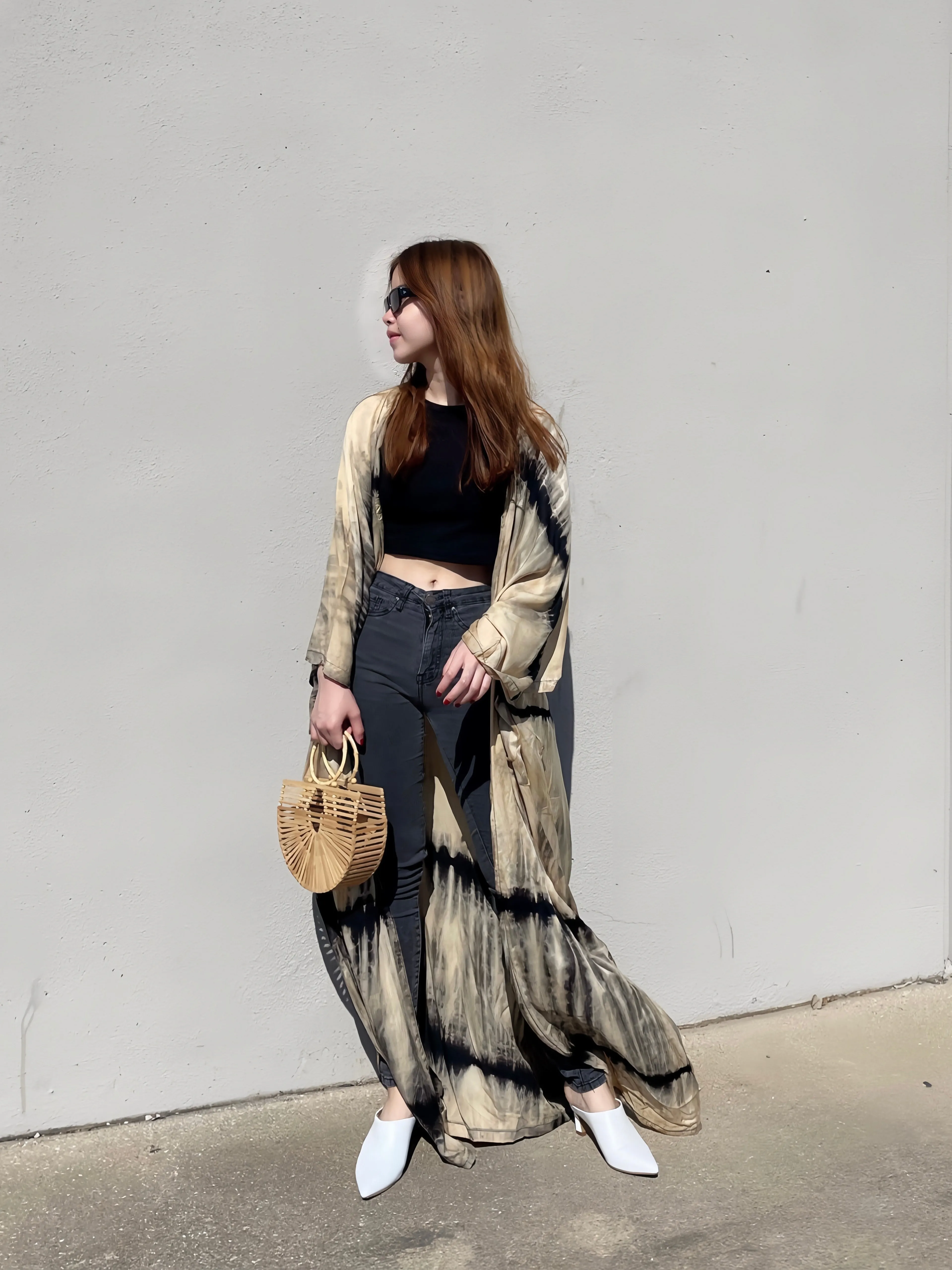 Swan Tie Dye Kimono Robe - Beige/Black