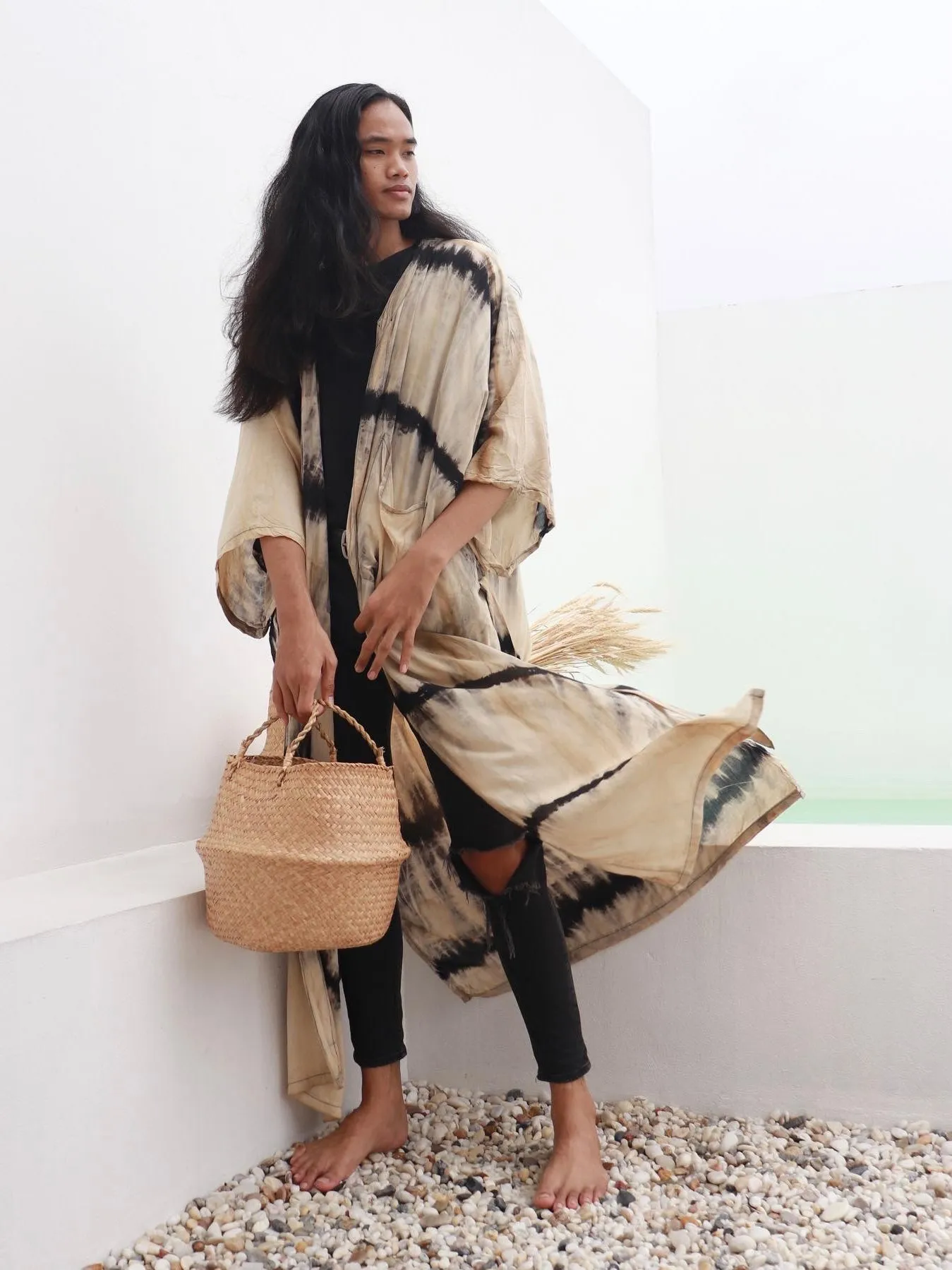 Swan Tie Dye Kimono Robe - Beige/Black
