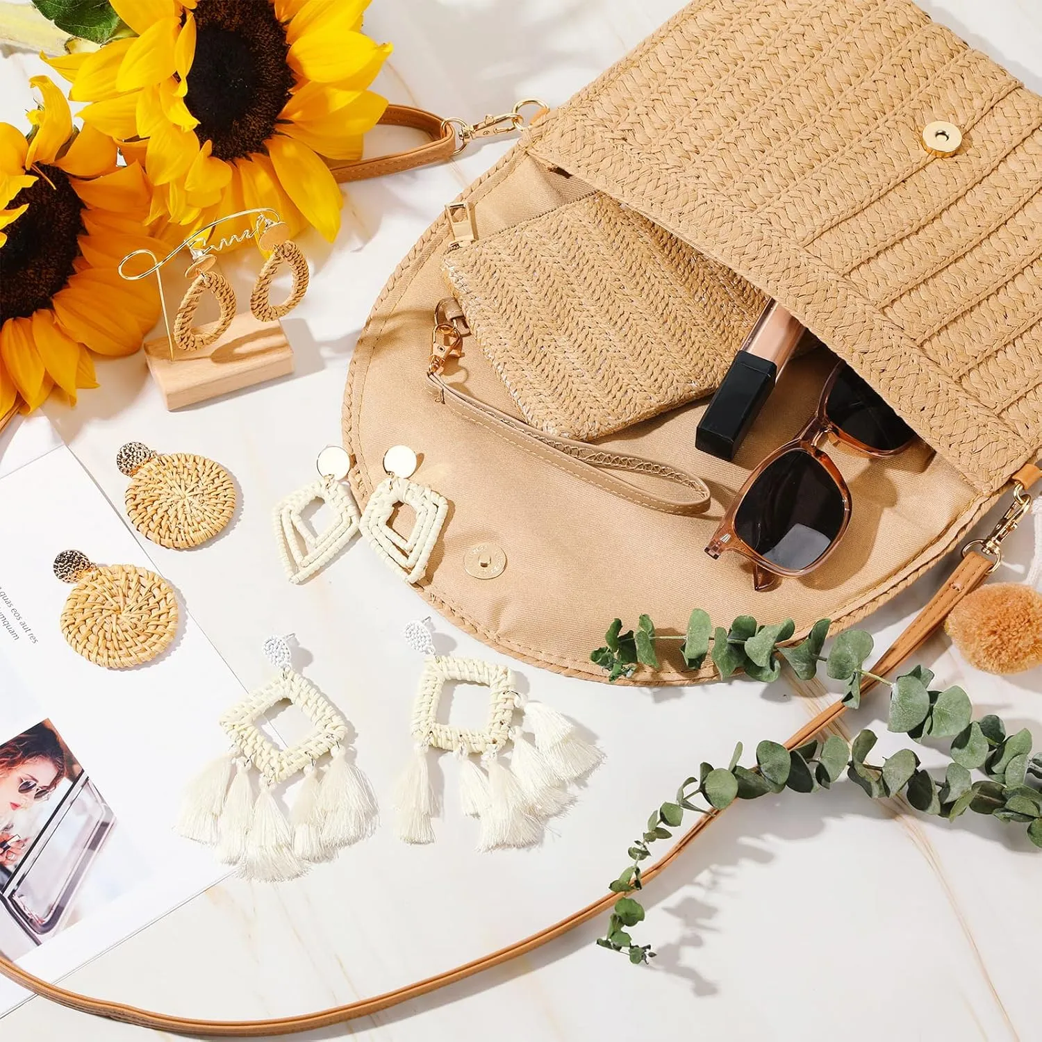 Sweetude Straw Clutch Purse for Women Rattan Earrings Set Summer Beach Straw Bag Boho Handbag Woven Wallet for Vacation