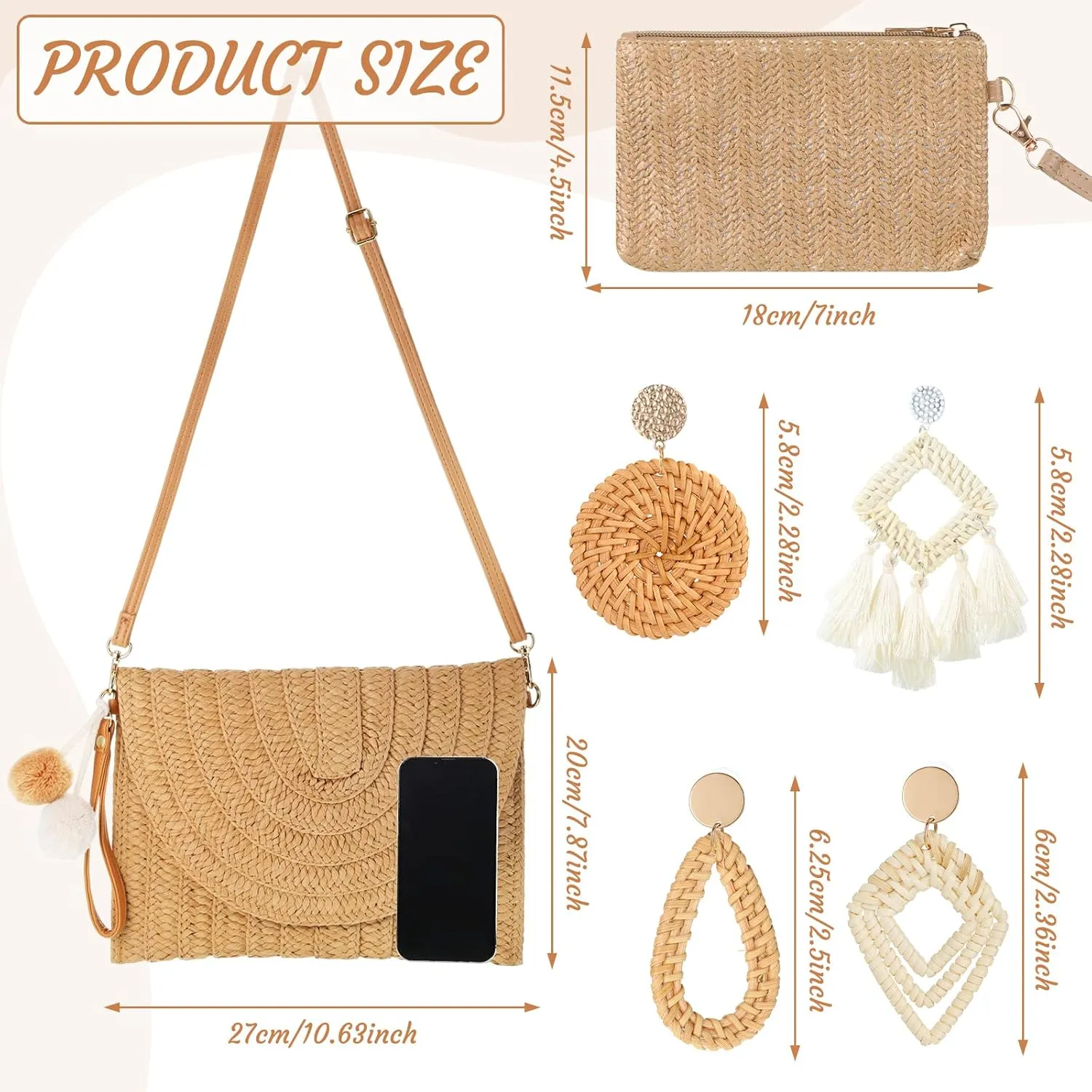 Sweetude Straw Clutch Purse for Women Rattan Earrings Set Summer Beach Straw Bag Boho Handbag Woven Wallet for Vacation