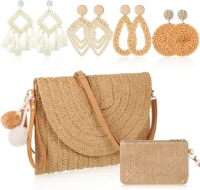 Sweetude Straw Clutch Purse for Women Rattan Earrings Set Summer Beach Straw Bag Boho Handbag Woven Wallet for Vacation
