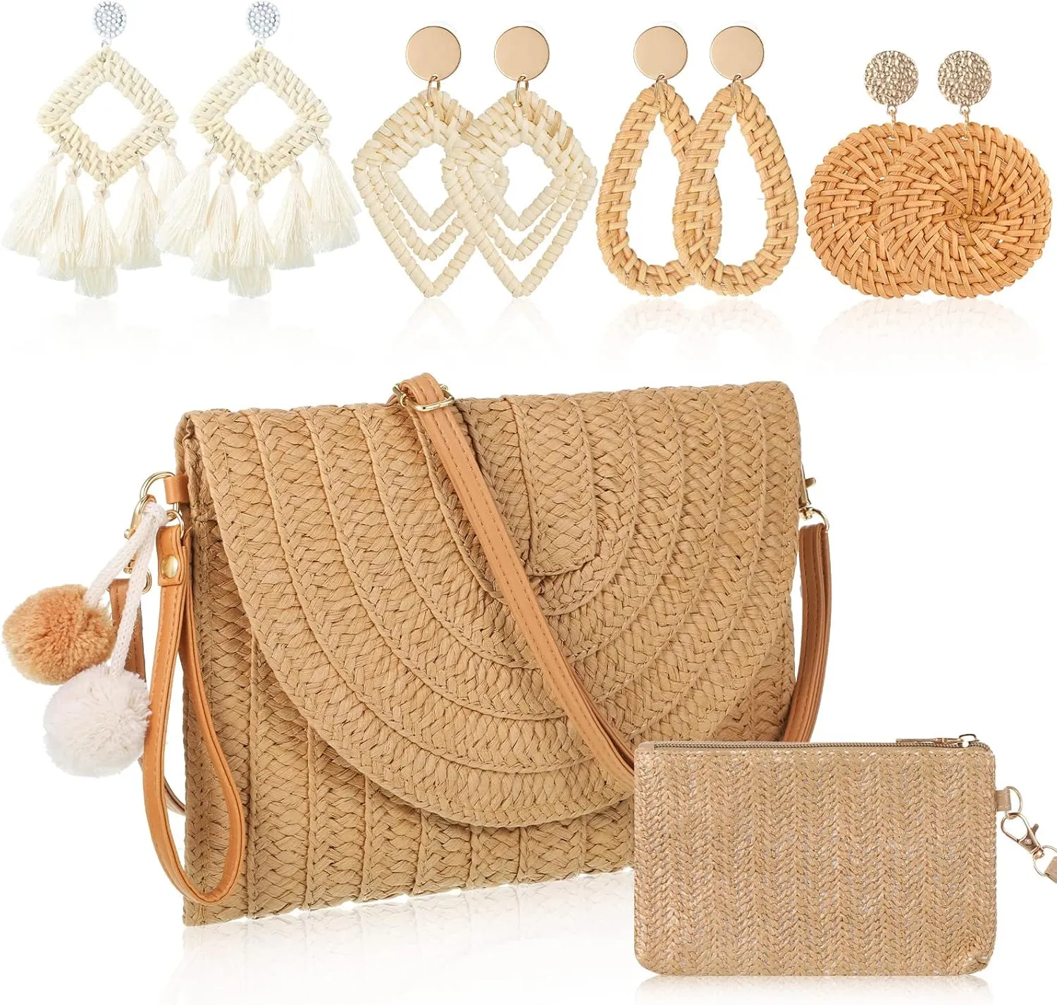 Sweetude Straw Clutch Purse for Women Rattan Earrings Set Summer Beach Straw Bag Boho Handbag Woven Wallet for Vacation