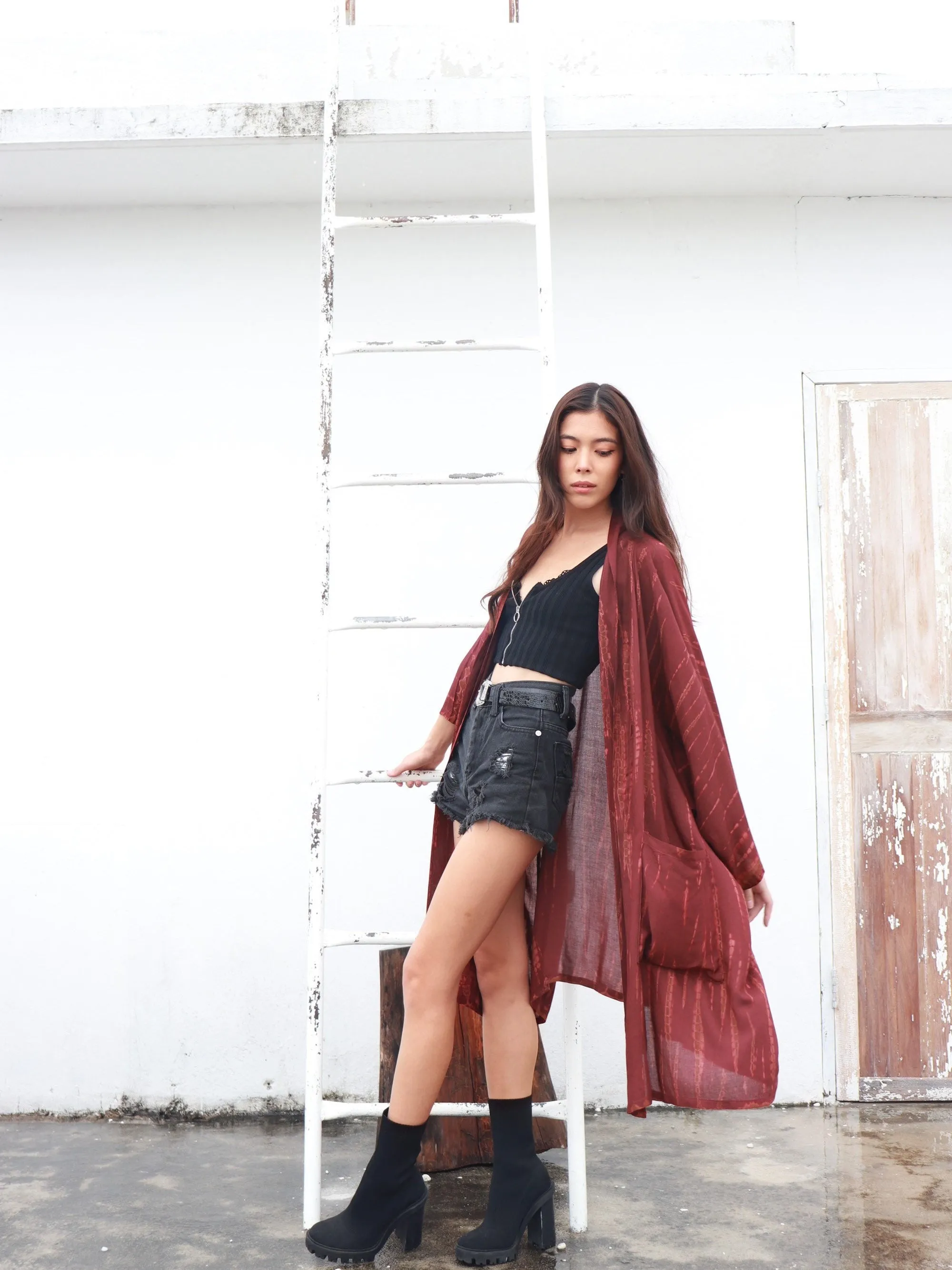 Toa Tie Dye Unisex Kimono Jacket - Maroon