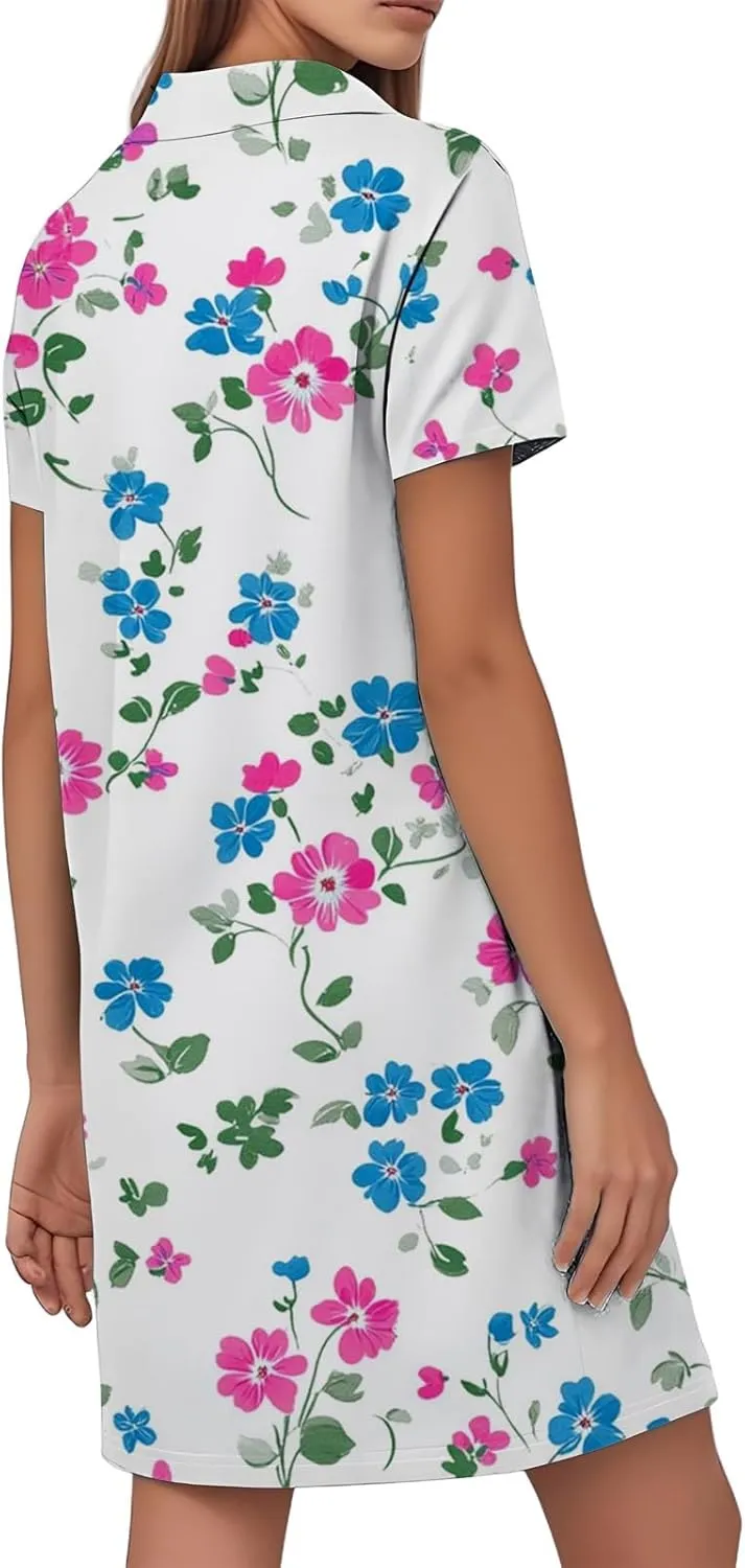 Tshirt Dresses for Women Summer Chic Boho Floral Patterned Dress Short Sleeve Lapel V Neck Flowy Resort Sundress