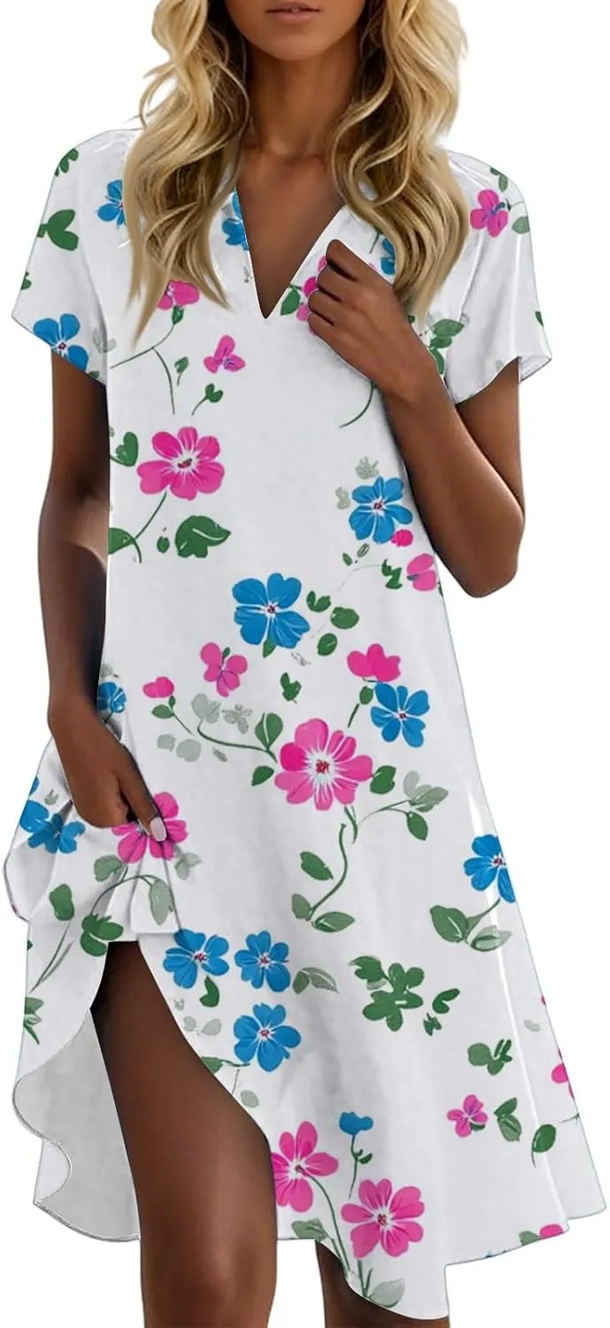 Tshirt Dresses for Women Summer Chic Boho Floral Patterned Dress Short Sleeve Lapel V Neck Flowy Resort Sundress