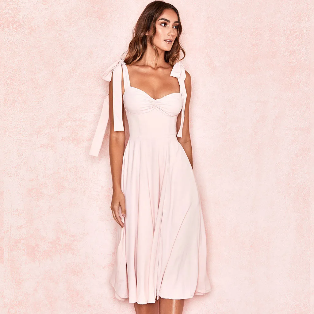Vintage Bow Tie Fit & Flare High Slit Midi Sundress - Pink