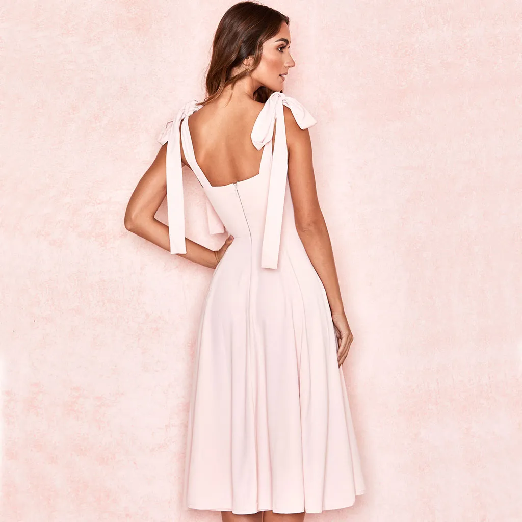 Vintage Bow Tie Fit & Flare High Slit Midi Sundress - Pink