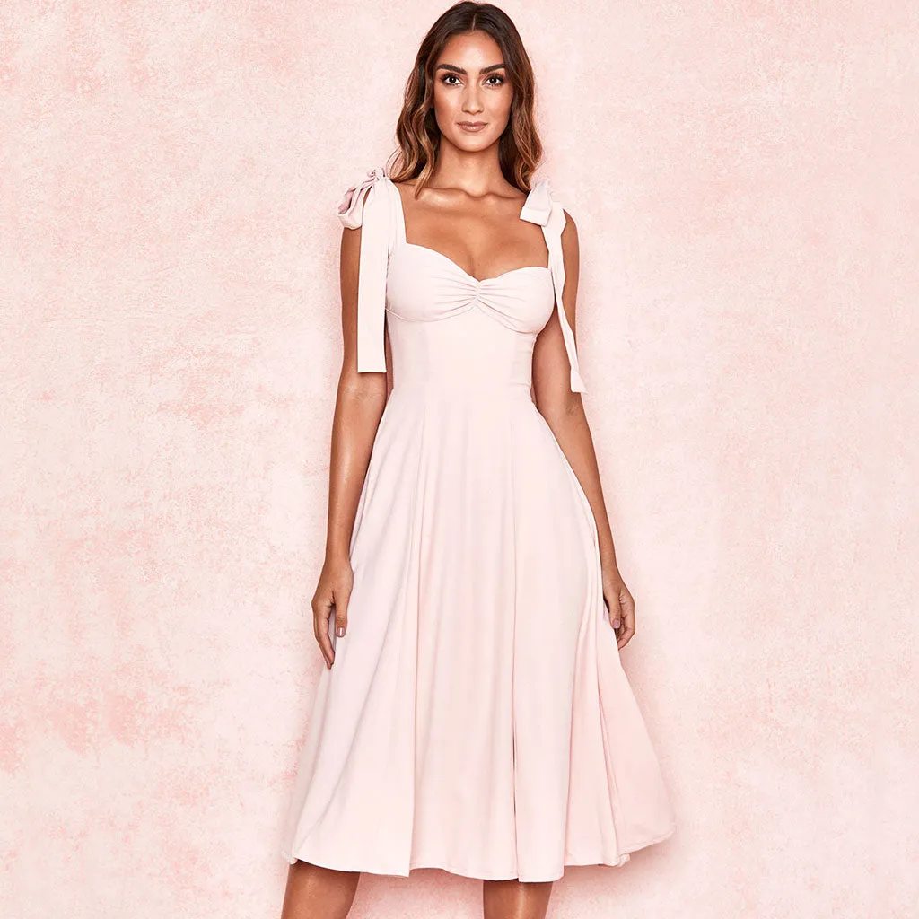 Vintage Bow Tie Fit & Flare High Slit Midi Sundress - Pink