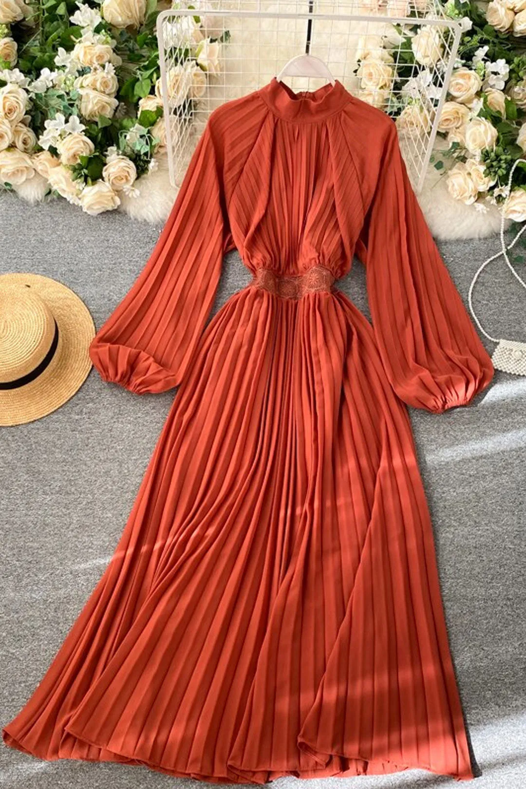 Vintage Dress, Boho Maxi Dress, Pleated Dress, Gown, Josie in Pink, Orange, Yellow and Red