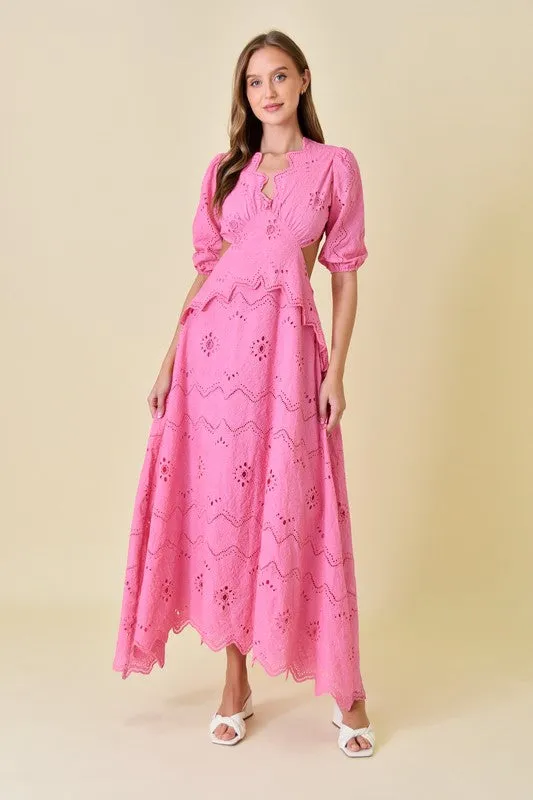 Waitlist 4/23 ♥ Gia Short Puff Sleeve Cut Out Eyelet Maxi Dress Pink