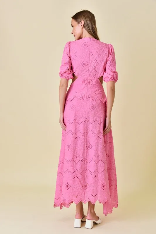 Waitlist 4/23 ♥ Gia Short Puff Sleeve Cut Out Eyelet Maxi Dress Pink