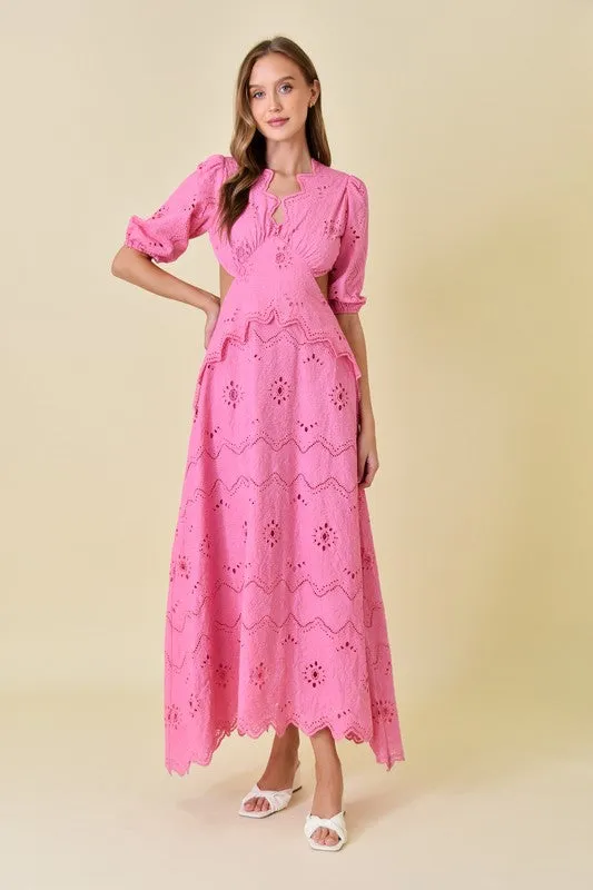 Waitlist 4/23 ♥ Gia Short Puff Sleeve Cut Out Eyelet Maxi Dress Pink