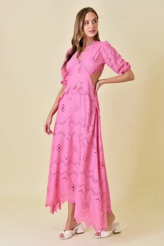 Waitlist 4/23 ♥ Gia Short Puff Sleeve Cut Out Eyelet Maxi Dress Pink