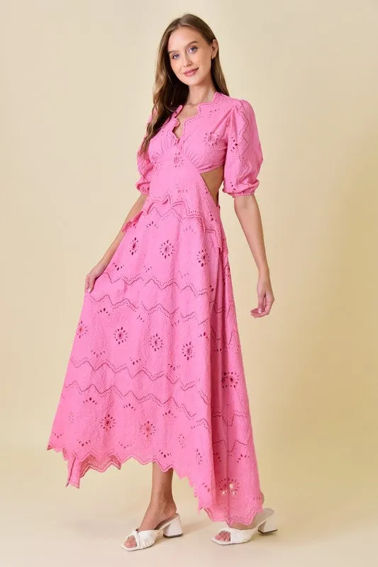 Waitlist 4/23 ♥ Gia Short Puff Sleeve Cut Out Eyelet Maxi Dress Pink