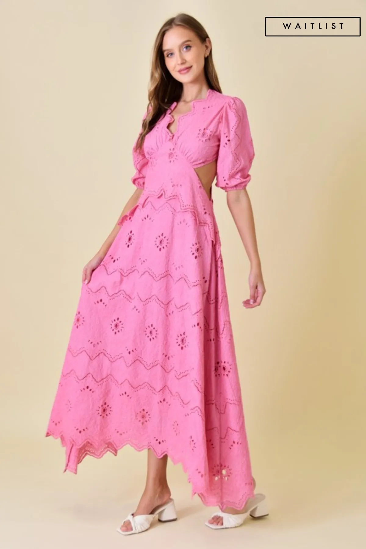 Waitlist 4/23 ♥ Gia Short Puff Sleeve Cut Out Eyelet Maxi Dress Pink