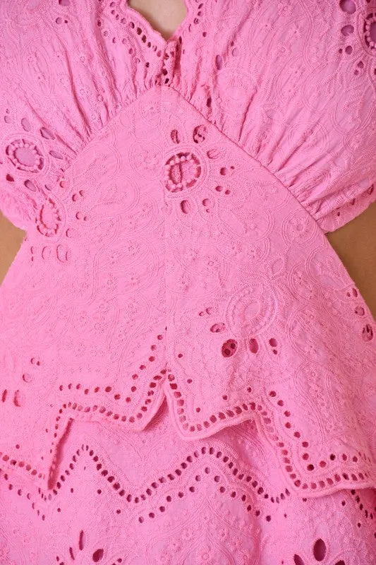 Waitlist 4/23 ♥ Gia Short Puff Sleeve Cut Out Eyelet Maxi Dress Pink