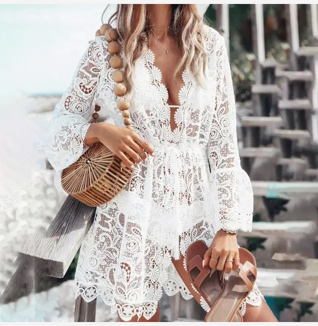 White Lace Sexy See Through Casual Mini Short Sundress
