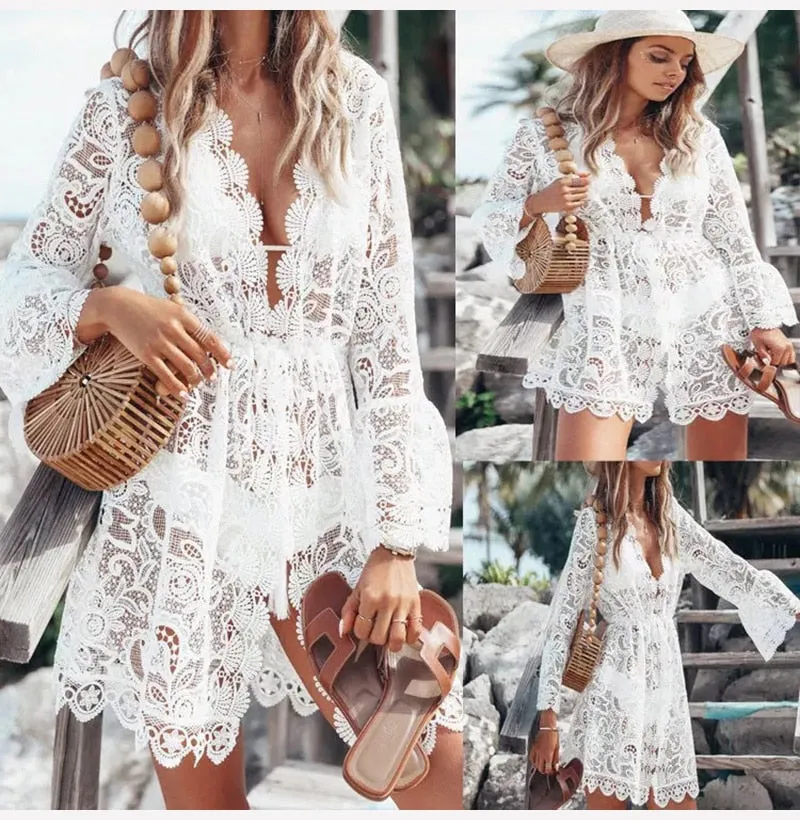 White Lace Sexy See Through Casual Mini Short Sundress