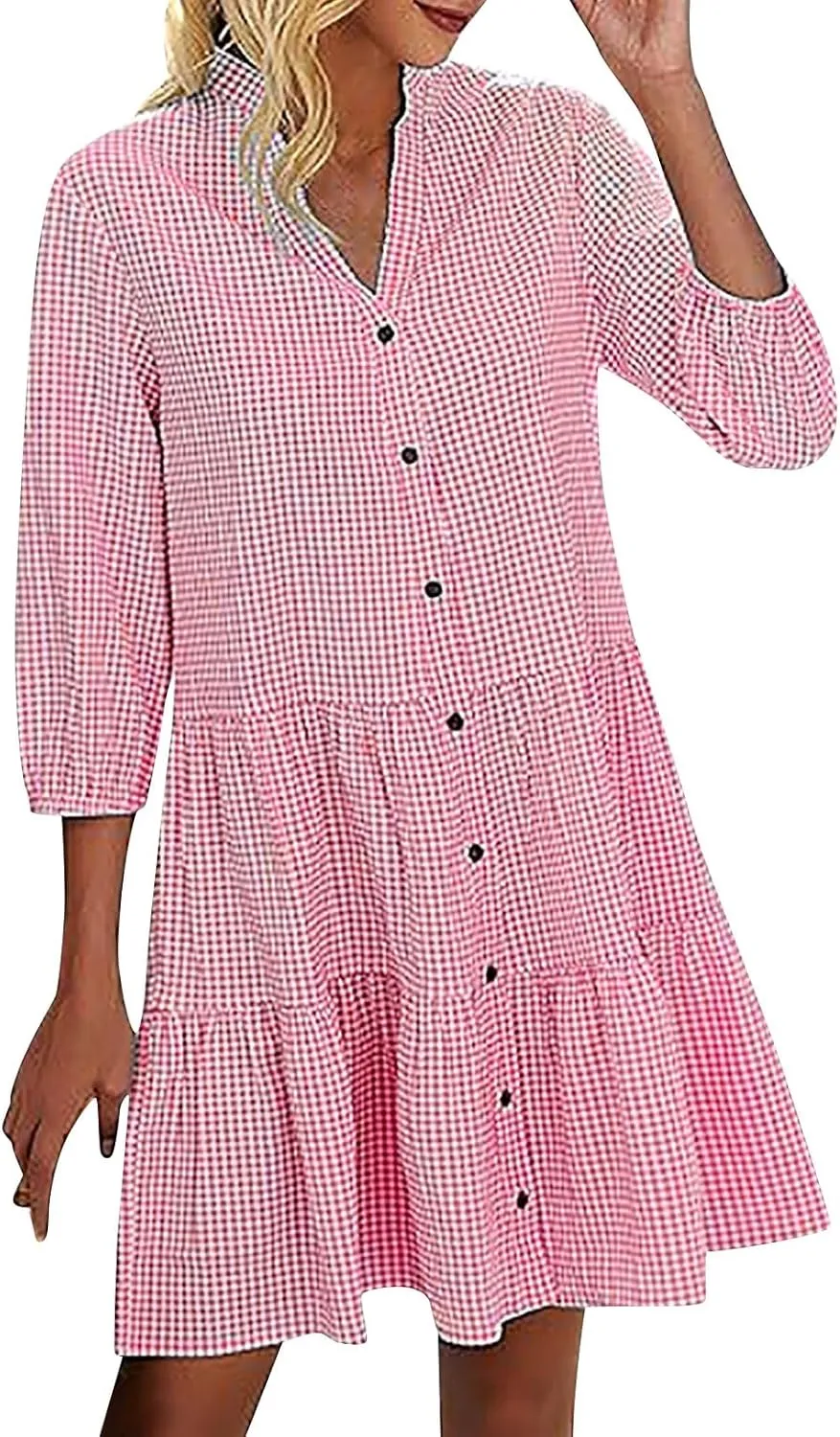 Women 3/4 Sleeve Plaid Shirt Dresses Summer Casual V Neck Button Down Mini Dress Gingham Loose Ruffle Hem Cute Dress