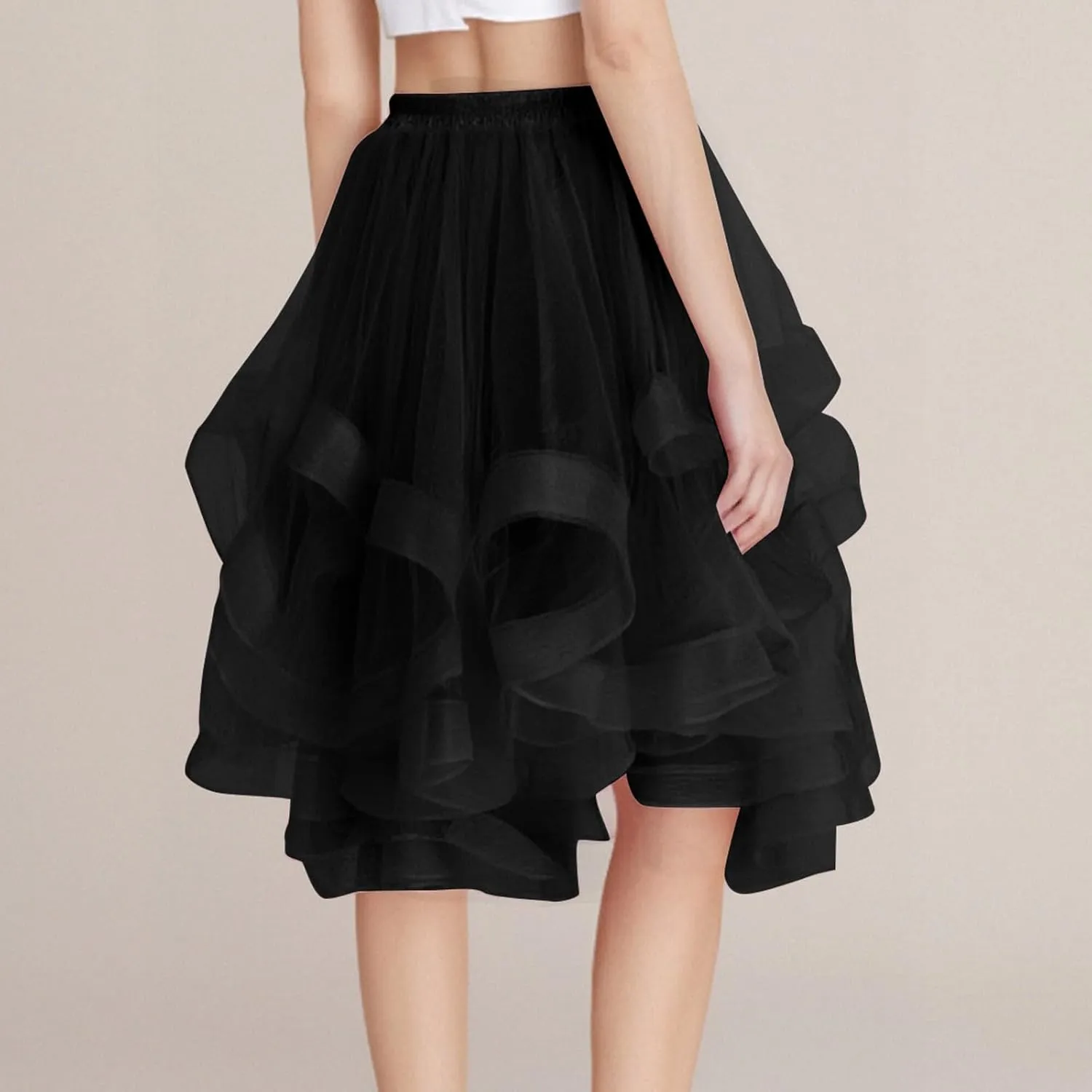 Women Elastic Ruffle Underskirts for Cosplay Petticoat A-Line Tulle Elegant Tutu Skirt Party Lightweight Midi Skirt
