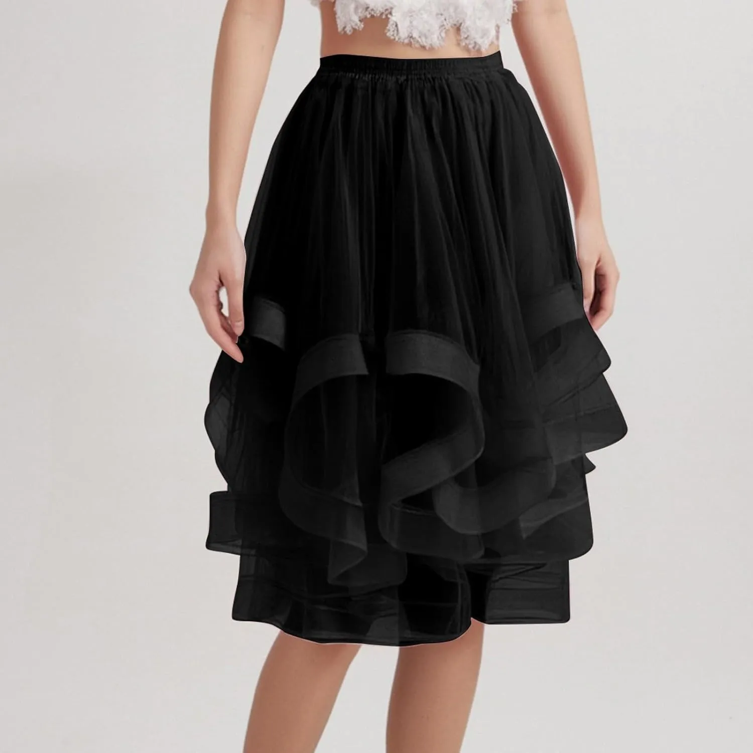 Women Elastic Ruffle Underskirts for Cosplay Petticoat A-Line Tulle Elegant Tutu Skirt Party Lightweight Midi Skirt