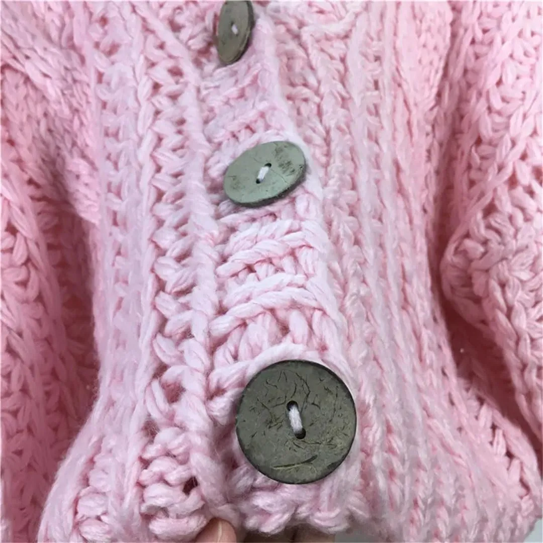 Women Handmade Chunky Knit Tops Cropped Knitted Cardigan Sweater Vintage Long Sleeve Outwear