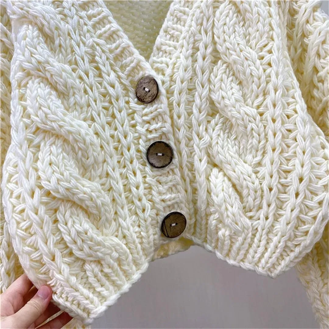 Women Handmade Chunky Knit Tops Cropped Knitted Cardigan Sweater Vintage Long Sleeve Outwear