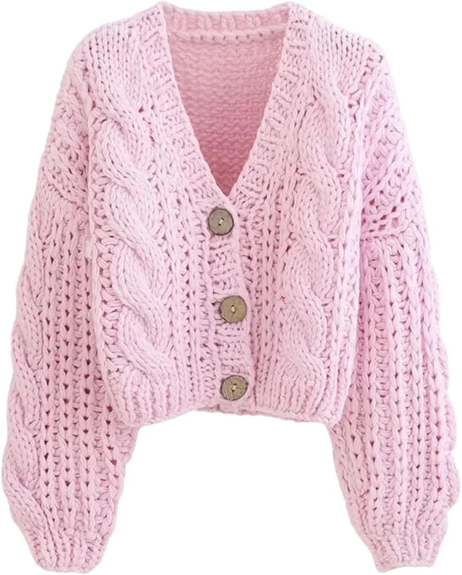 Women Handmade Chunky Knit Tops Cropped Knitted Cardigan Sweater Vintage Long Sleeve Outwear