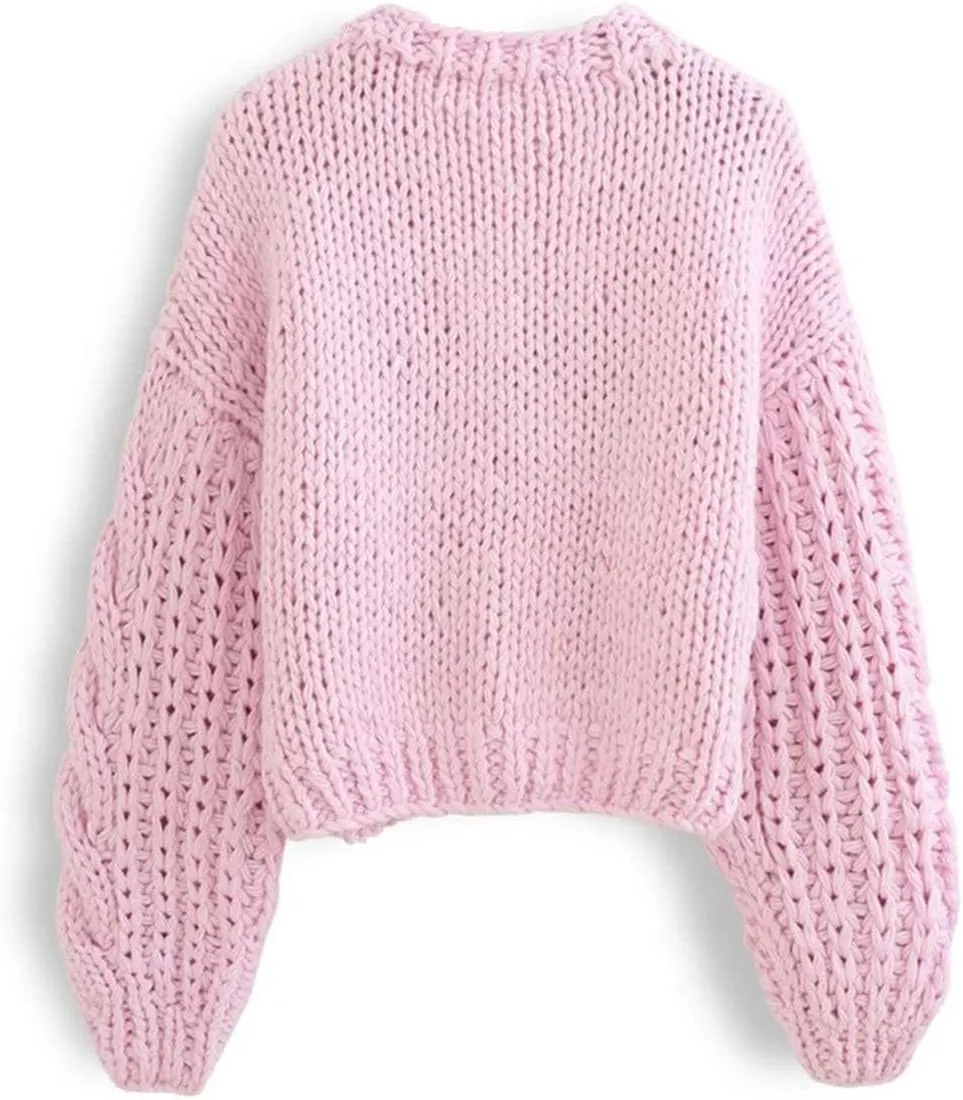 Women Handmade Chunky Knit Tops Cropped Knitted Cardigan Sweater Vintage Long Sleeve Outwear