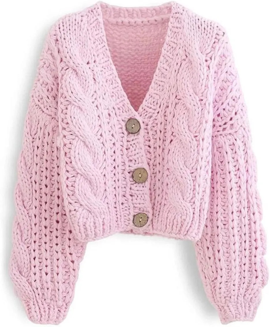 Women Handmade Chunky Knit Tops Cropped Knitted Cardigan Sweater Vintage Long Sleeve Outwear