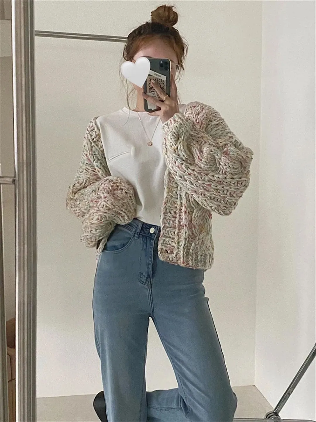 Women Handmade Chunky Knit Tops Spring Cropped Knitted Cardigan Sweater Colourful Streetwear