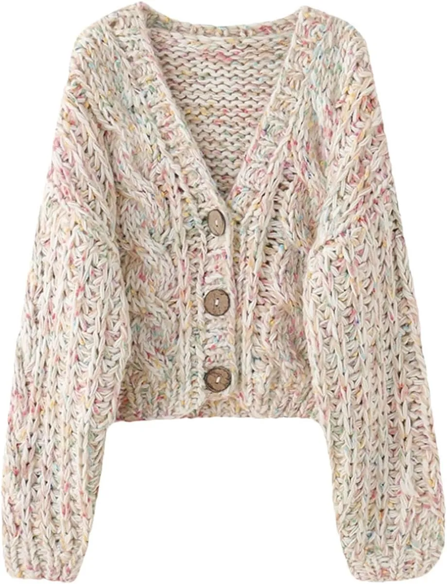 Women Handmade Chunky Knit Tops Spring Cropped Knitted Cardigan Sweater Colourful Streetwear