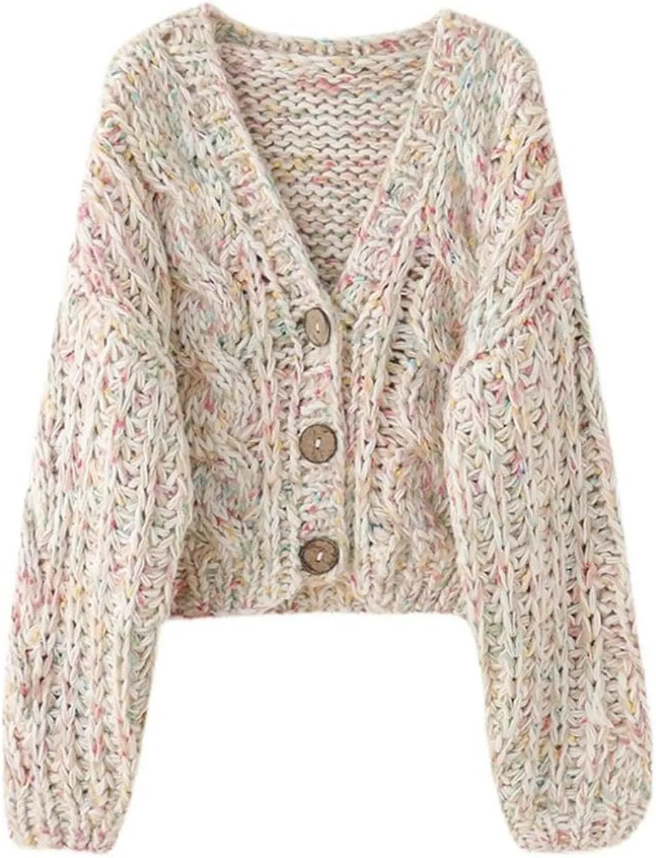 Women Handmade Chunky Knit Tops Spring Cropped Knitted Cardigan Sweater Colourful Streetwear