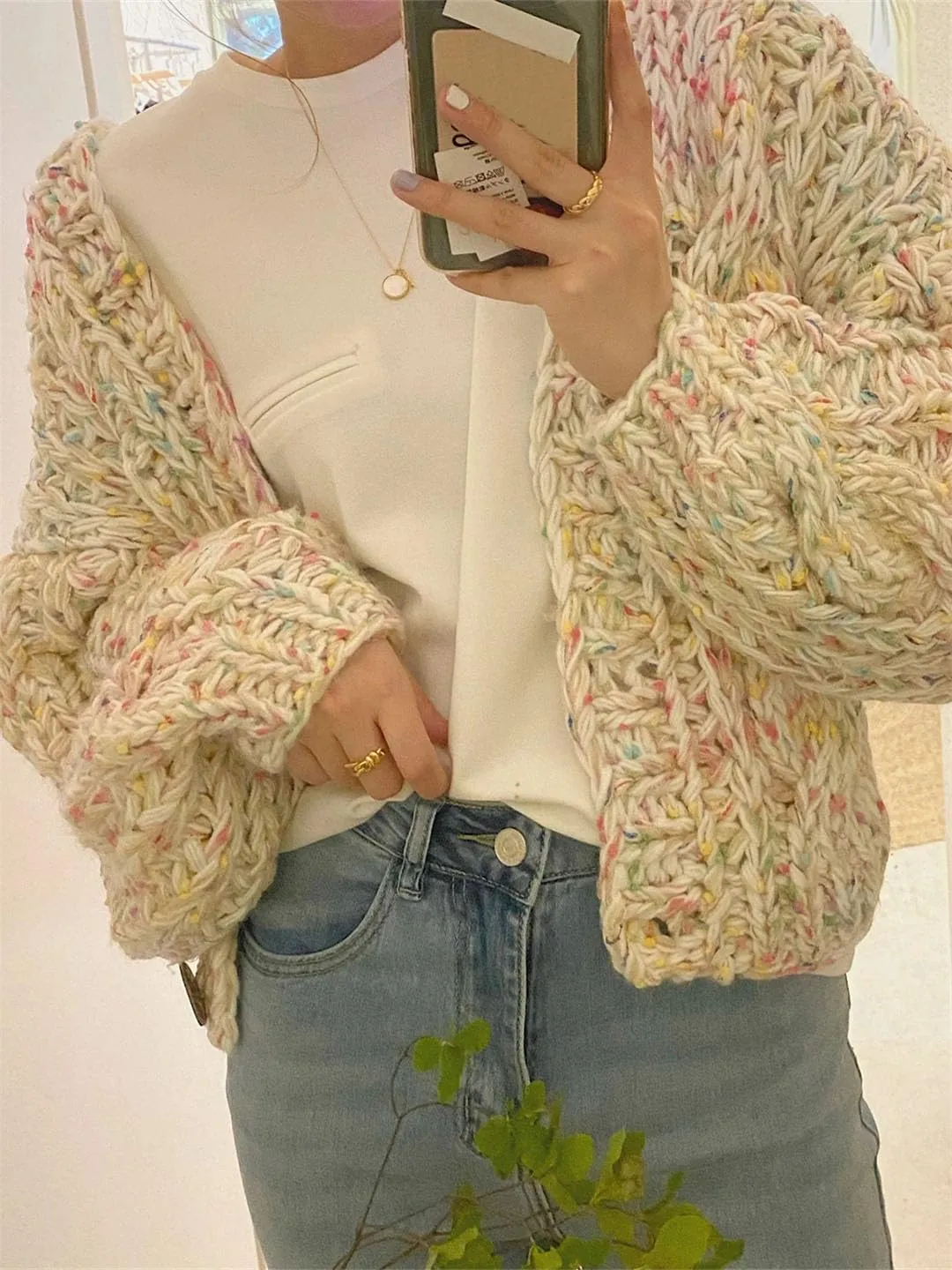 Women Handmade Chunky Knit Tops Spring Cropped Knitted Cardigan Sweater Colourful Streetwear