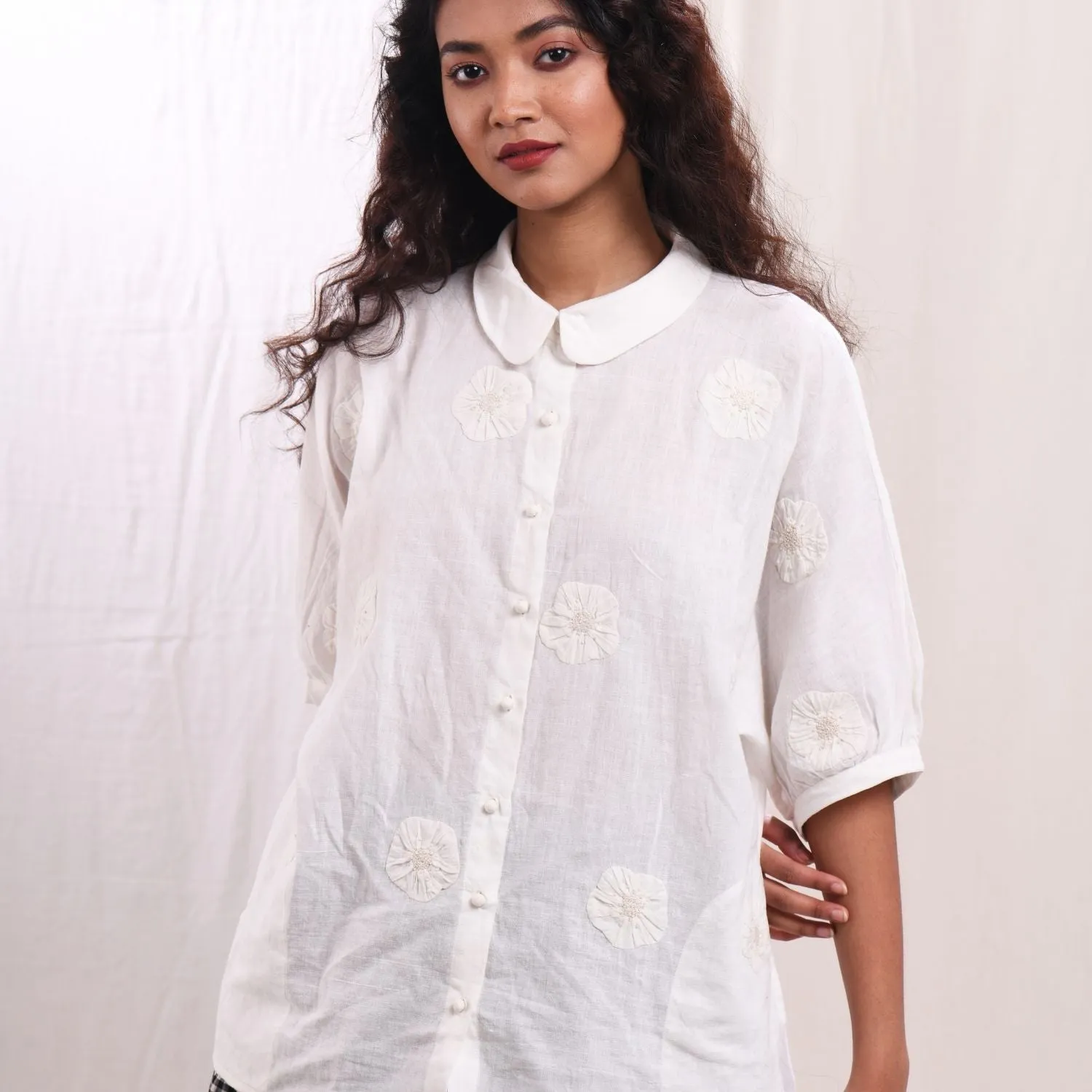 Women Kimono Shirt | Breathable Cotton | Relax Fit | Appliqué Work | White