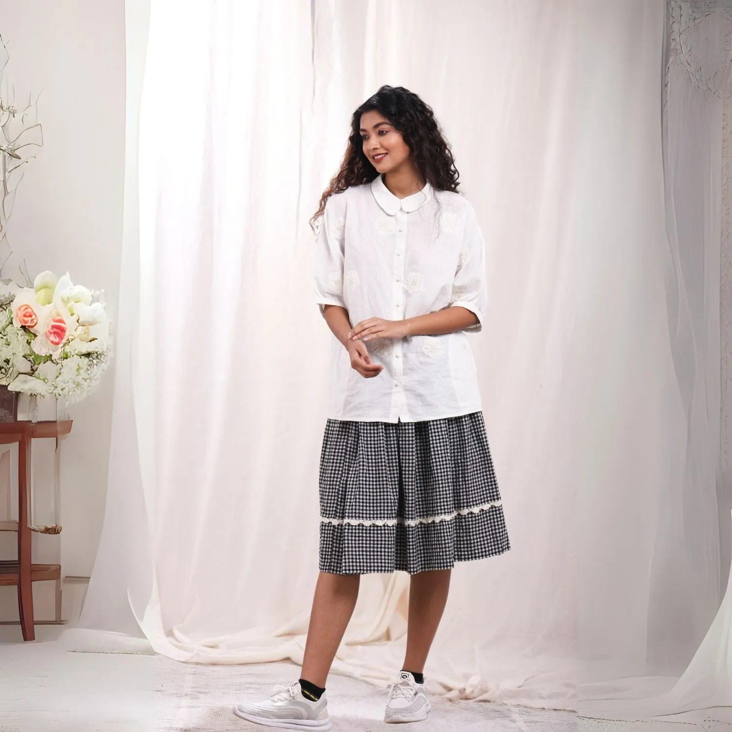 Women Kimono Shirt | Breathable Cotton | Relax Fit | Appliqué Work | White