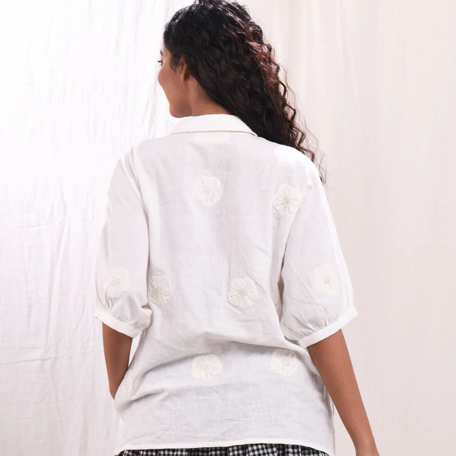 Women Kimono Shirt | Breathable Cotton | Relax Fit | Appliqué Work | White
