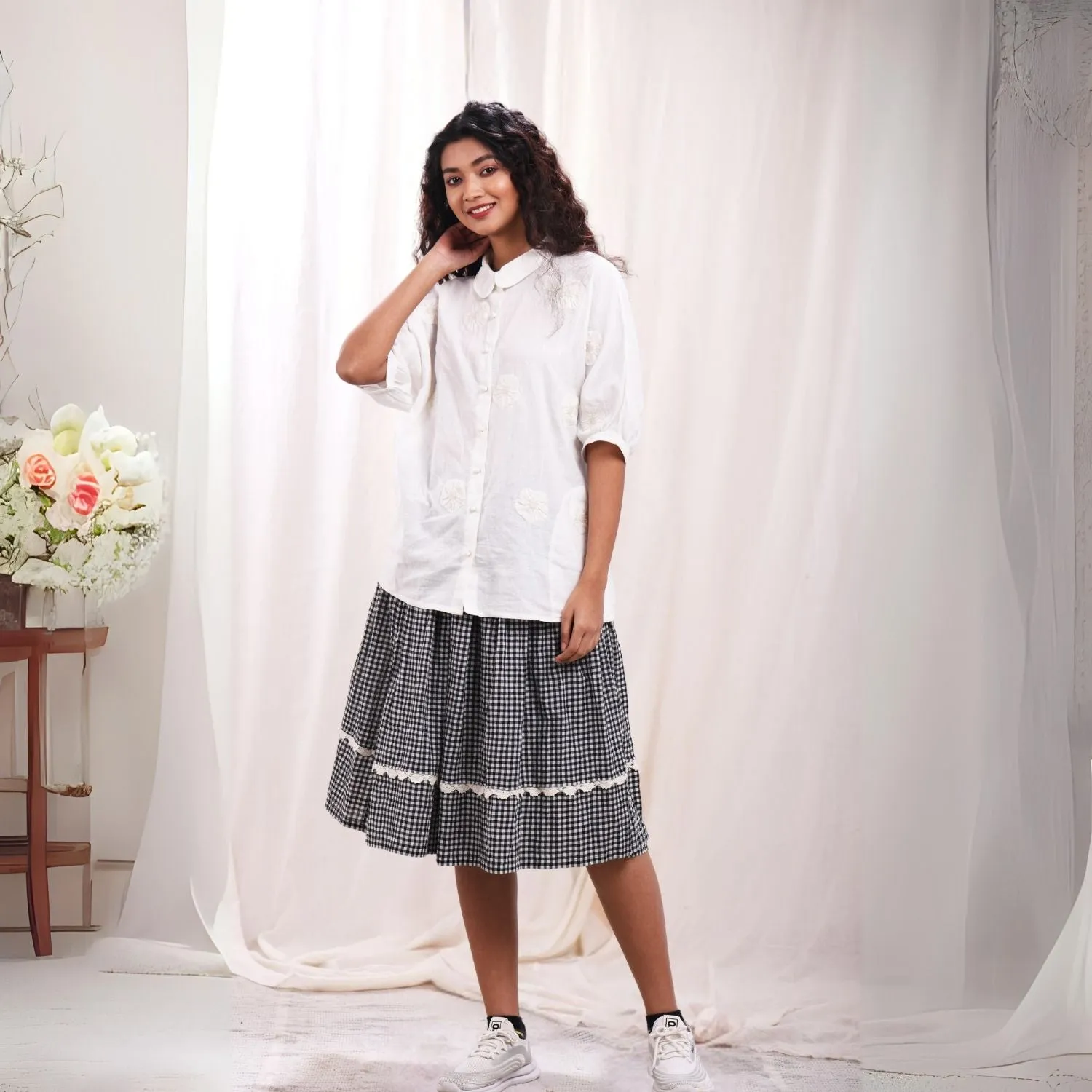 Women Kimono Shirt | Breathable Cotton | Relax Fit | Appliqué Work | White