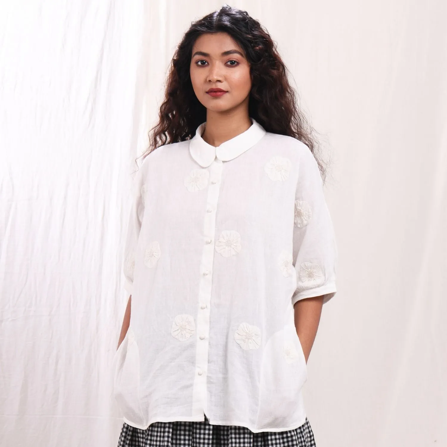 Women Kimono Shirt | Breathable Cotton | Relax Fit | Appliqué Work | White