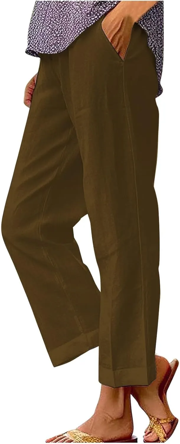 Women Summer Linen Pants Straight Leg Beach Vacation Comfy Baggy Trousers Dressy Palazzo Lounge Pants with Pockets