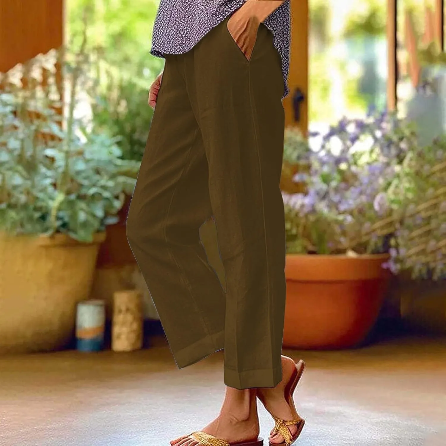 Women Summer Linen Pants Straight Leg Beach Vacation Comfy Baggy Trousers Dressy Palazzo Lounge Pants with Pockets