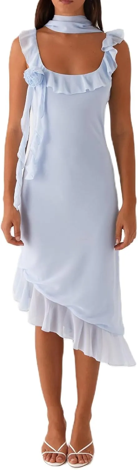 Women Y2k High Slit Maxi Dress Ruffle Floral Ptint Backless Sleeveless Strapless Dresses Sexy Mesh Bodycon Sundress
