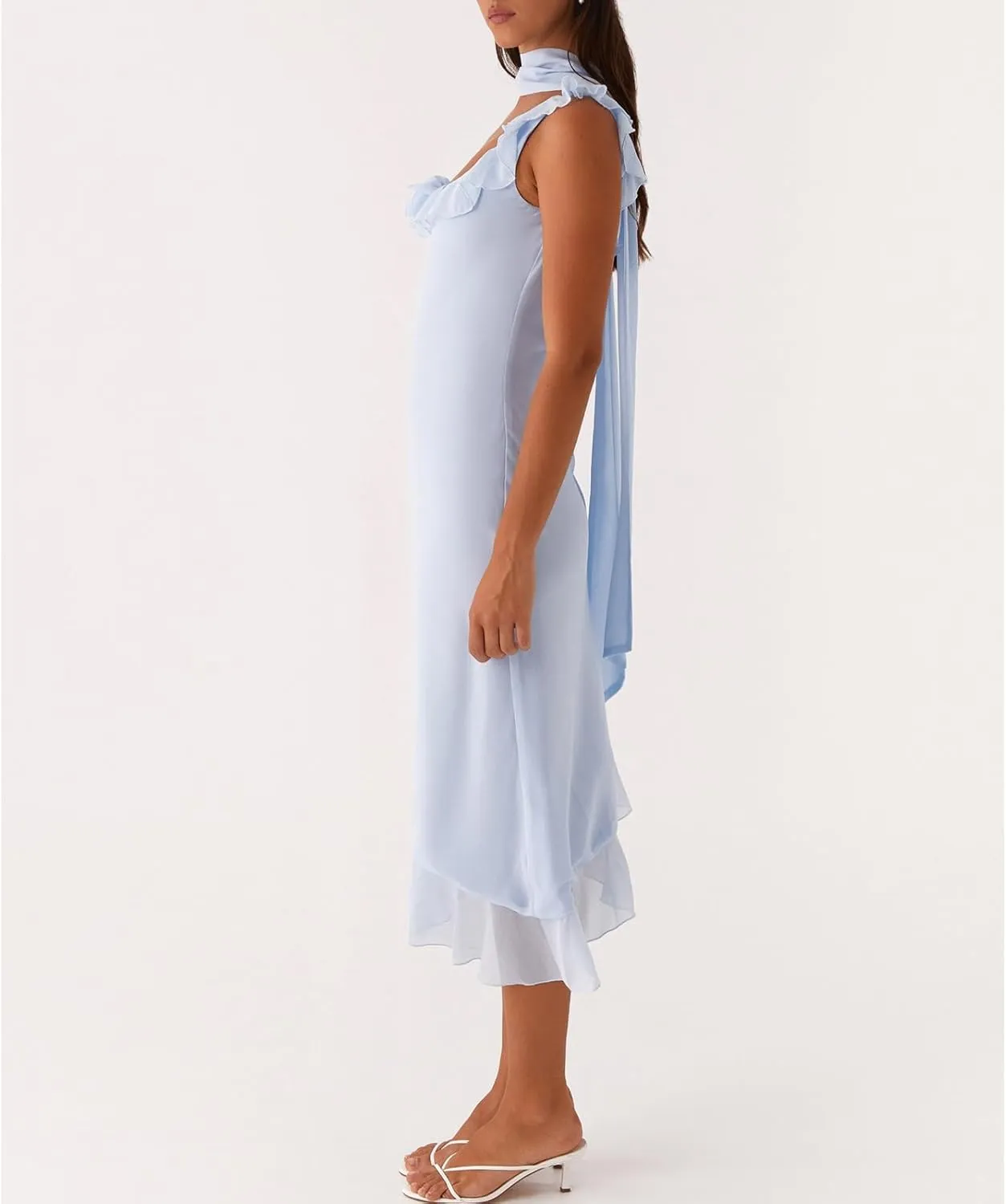 Women Y2k High Slit Maxi Dress Ruffle Floral Ptint Backless Sleeveless Strapless Dresses Sexy Mesh Bodycon Sundress